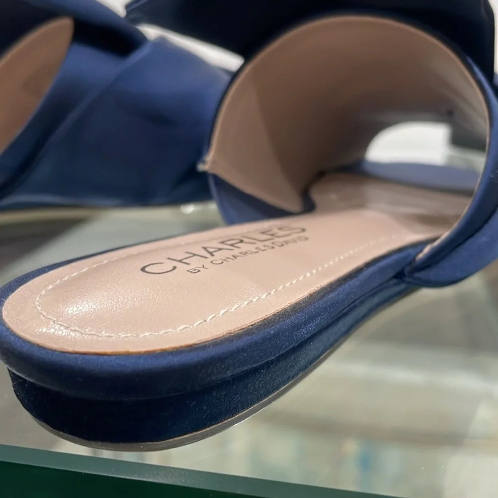 NWT Charles David royal navy pure satin slip on slides blue flats open toe bow